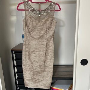 Eliza J Elegant Beige Sleeveless Dress with Embellished Neckline